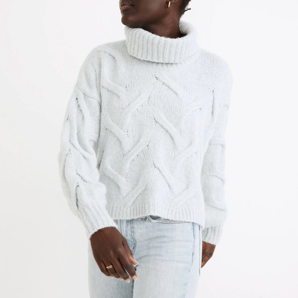 Madewell Somervell Chunky Cable Knit Wool Blend Turtleneck Sweater Ice Blue S